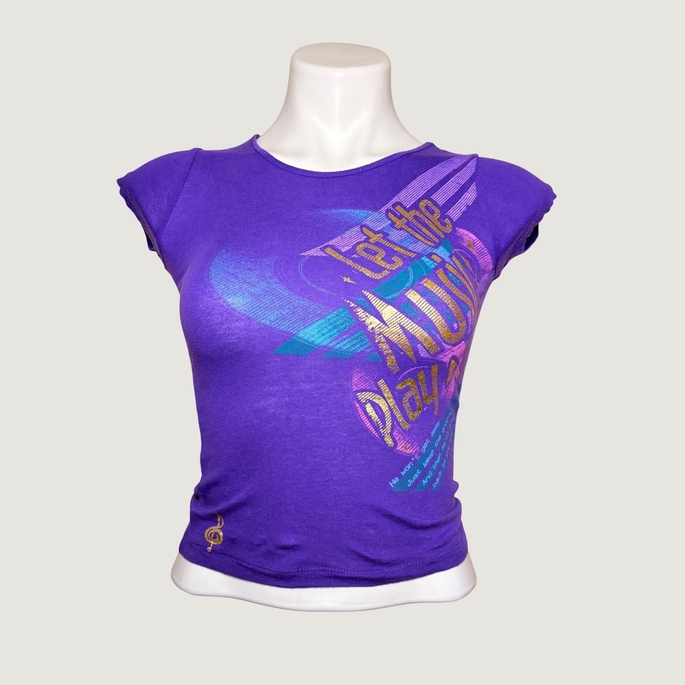 Y2K Lyrix Scene Purple Let The Music Play Graphic Baby Tee Kidcore Shirt #16